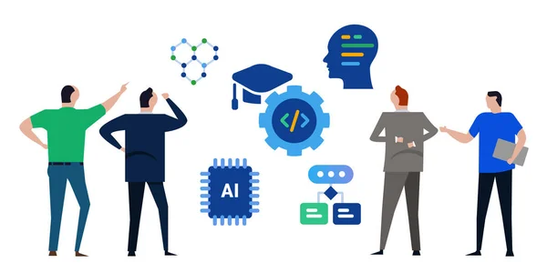 Inteligencia Artificial Personas Discuten Concepto Tecnología Aprendizaje Automático Vector Negocio — Archivo Imágenes Vectoriales