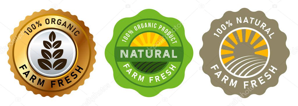 Farm fresh natural round badge stamp label sticker design green gold with leaf and raising sun shine vector