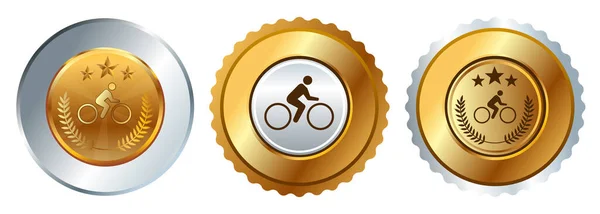 Bicicleta Ciclista Paseo Bicicleta Oro Medalla Plata Medallón Campeón Vector — Vector de stock