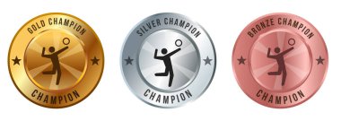 Voleybol şampiyonu atlama turnuvası plaj topu sporu madalyası altın altın, gümüş, bronz vektör