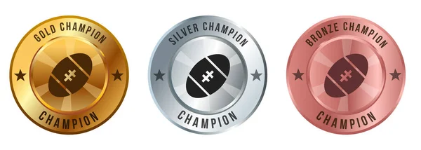 Rugby American Football Spiel Sport Medaillengewinner Gold Silber Bronze Abzeichen — Stockvektor