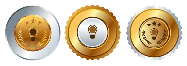 Lámpara Bombilla Creativa Idea Medalla Oro Emblema Premio Competencia Campeonato — Vector de stock