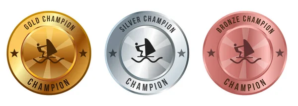 Segeln Sport Menschen Windsurfen Nautischen Wettbewerb Vergeben Gold Silber Bronze — Stockvektor