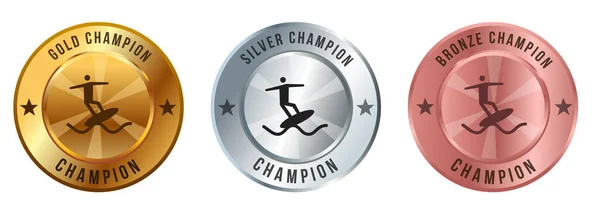 Gold Bronzemedaille Surfen Wasser Menschen Nautischen Sport Wettbewerb Auszeichnung Vektor — Stockvektor