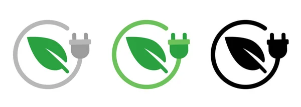 Verde Eco Electricidad Cable Energía Enchufe Hoja Icono Conjunto Colección — Vector de stock
