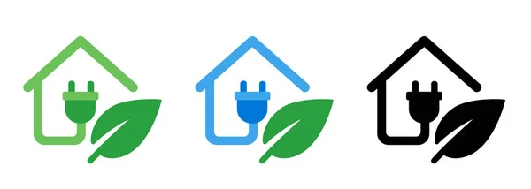Accueil Électricité Résidentielle Eco Power Green Leaf Energy Icon Set — Image vectorielle