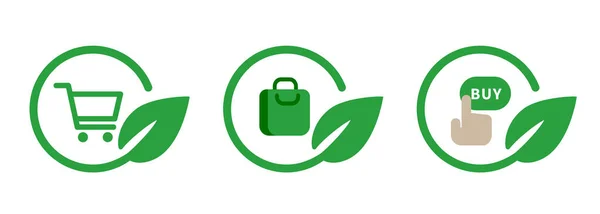 責任あるショッピングバッグカート購入決定で緑の葉サークルアイコンセットコレクションベクトル — ストックベクタ