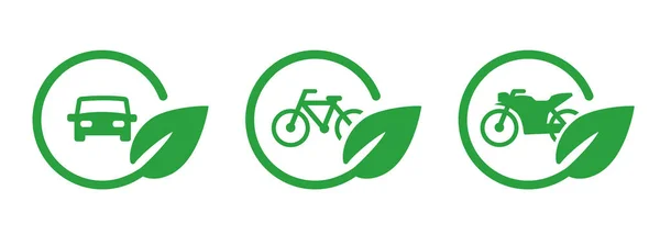 Voiture Moto Moto Vélo Feuilles Vertes Cercle Icône Symbole Environnement — Image vectorielle