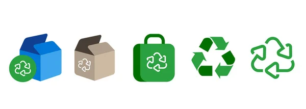 リサイクル三角形シンボルリサイクル製品包装袋段ボール箱アイコンセットコレクションベクトル — ストックベクタ