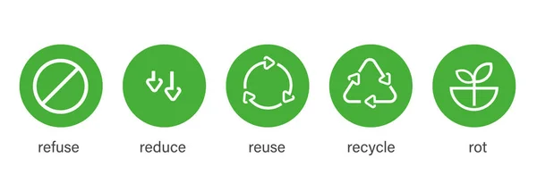 緑のアイコンは 再利用を削減します リサイクルを拒否腐敗リサイクル製品材料シンボルセットラインデザインベクトル — ストックベクタ
