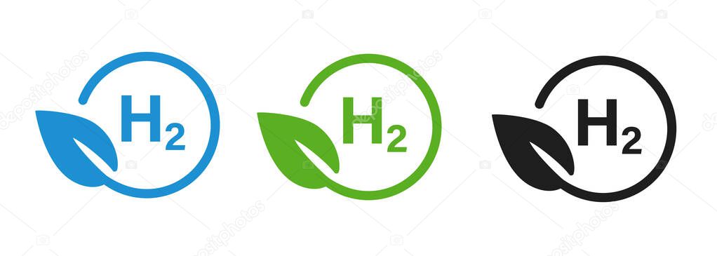 Hydrogen H2 fuel alternative environmental friendly leaf round symbol in blue green black color vector