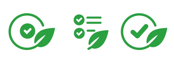 Τσεκάρετε Σήμα Και Πράσινα Φύλλα Που Εικονίδιο Σύμβολο Της Οικολογικής — Διανυσματικό Αρχείο