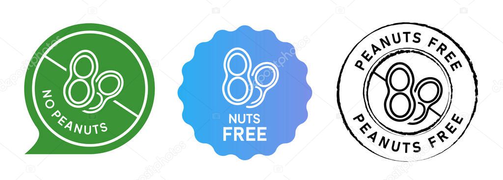 Peanut free no nuts emblem tag circle set label rubber stamp collection in green blue gradient and black color vector