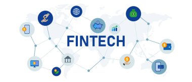 Fintech finans teknolojisi çevrimiçi işlem konsepti afiş başlığı bağlı simge tanımlama vektörü