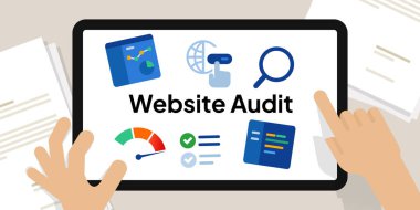 Web sitesi denetim sayfası SEO denetleme kalite değerlendirmesi ekran illüstrasyon vektöründe el iyileştirme için