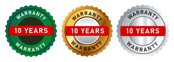 warranty 10 years gold green and silver circle seal badge emblem guaranty advantage product vector