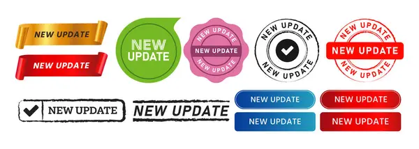 Neue Update Stempelband Sprechblase Und Schaltfläche Zeichen Für Verfügbare Version — Stockvektor