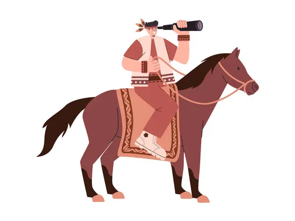 双眼鏡と乗馬の茶色の馬動物のレクリエーションアクティビティベクターで探しているネイティブアメリカン部族の人 ストックベクター