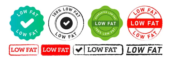 低脂肪の長方形および円のスタンプのラベル ステッカーは食事の健康な栄養プロダクト ベクターのための印を付けます ロイヤリティフリーのストックイラスト
