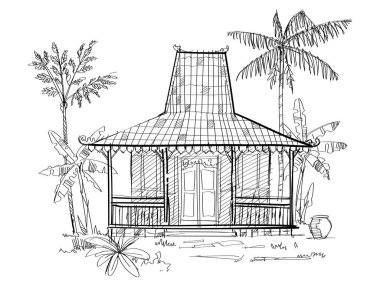 Joglo java traditional house hand drawing sketch illustration wooden Javanese home architecture style with trees in village vector clipart