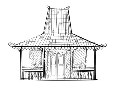 Joglo java geleneksel ev işi çizim çizimi ahşap Cava ev mimarisi vektörü