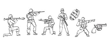 Çocuk oyunu ya da askeri oyuncak asker koleksiyonu için el çizimi çizgi film karakteri eylem illüstrasyon vektörü