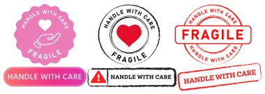 Handle with care be careful fragile caution stamp colorful badges sticker label sign packaging design set collection illustration vector clipart