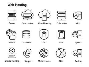 Web sunucu servis simgesi ana hatları siyah çizgi basit sunucu VPS paylaşımlı sunucu kolokasyonu CDN özel sunucu vektörü