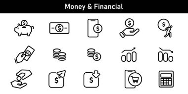 Para finans ikonları finansal ekonomi ikonu koleksiyonu basit ana hatları kaydetme gönderimi dolar kablosuz ticari işlem dijital vektörü al