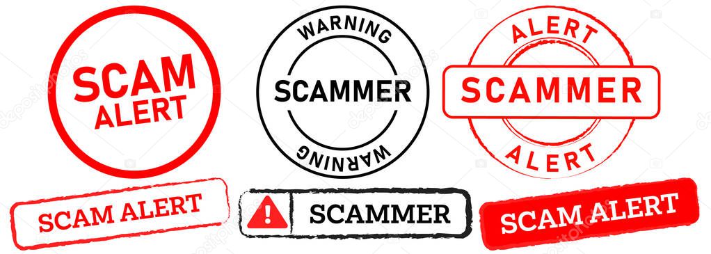Scam alert caution information secure criminal scammer fraud theft data stealth safe warning aware stamp red black badges label emblem sticker banner watermark design icon set collection vector