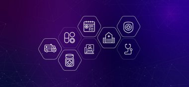 Sağlık gradyanı başlığı sağlık koruma doktor sağlık kontrolü danışma teletıp tedavisi ambulans taşımacılığı steteskop ekipmanları ilaç ikonu