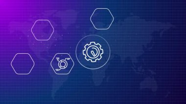 Mühendislik becerisi mekanik mekanik makine ikonu dünya haritası teknolojisi yeniliği fabrika verimliliği modern konsept başlık başlık mavi arka plan video