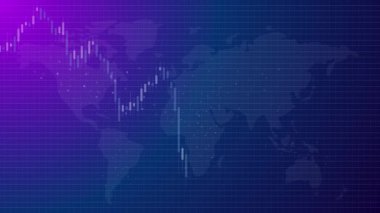 Piyasa düşüşü şamdan hisse fiyatları dünya haritasında küresel dijital borsa mavi fütüristik dijital video ekranı