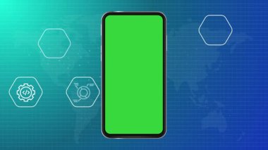 Simge mavi arkaplan yeşil ekran kroma anahtarı boş akıllı telefon cep telefonu şablonu yapay zeka altyapı kodlaması animasyon video programlama