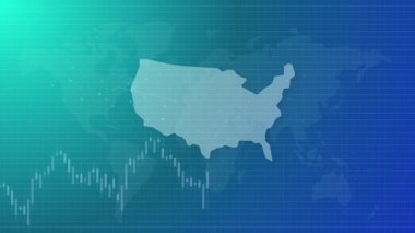 Amerika borsasında yükselen pozitif Amerikan haritası. Küresel bağlantılı dünya animasyonu. Şamdan grafiği yükselişte.