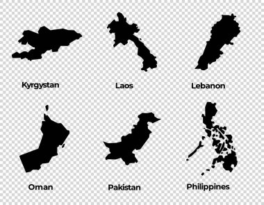 Harita şekli koleksiyonu şeffaf arkaplan ülkesi Kırgızistan Laos Lübnan Umman Pakistan Filipinler vektörünün basit haritası
