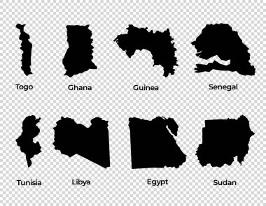 Harita şekli koleksiyonu şeffaf arka plan ülkesi basit Afrika ülkeleri haritası Togo Gana Gine Senegal Tunus Libya Mısır Sudan vektörü