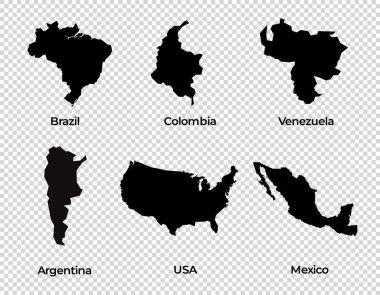 Harita şekli koleksiyonu şeffaf arka plan ülkesi Brezilya Kolombiya 'nın basit haritası Venezuela Arjantin ABD Amerika Birleşik Devletleri Amerika Birleşik Devletleri Meksika güney doğu vektörü