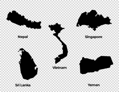 Harita şekli koleksiyonu şeffaf arkaplan ülkesi Nepal Singapur Sri Lanka Vietnam Yemen vektörünün basit haritası