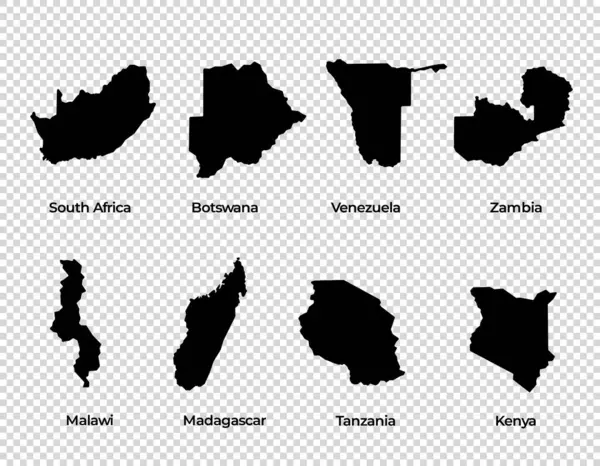 Harita şekli koleksiyonu şeffaf arka plan ülkesi Güney Afrika Bostwana Venezuela Zambiya Malawi Madagaskar Tanzanya Kenya vektörü