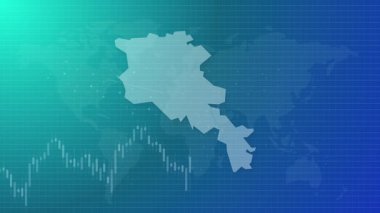 Ermenistan ekonomisinin yükselen haritası, Ermeni borsa ekonomisi eğilimi, bağlı küresel harita, mavi gradyan arka plan videosu