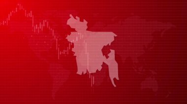 Bangladeş ekonomisi animasyon haritası durgunluk piyasası çöküşü ülke şekli kırmızı gradyan arka plan videosuyla bağlı küresel harita