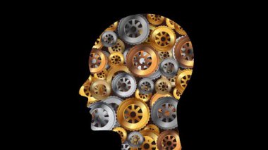 Vites dişli baş, siyah arka planda dönen çarklar yapay zekanın karmaşık otomatik işlem videosunun sembolü.