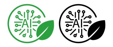 ikon sürdürülebilir yapay zeka yeşil teknolojisi ve etik yapay zeka geliştirme AI kısaltma devresi yeşil yaprak ile eşleştirilmiş dairesel çerçeve içinde