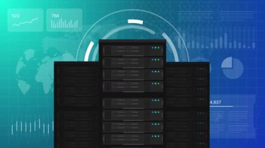 Sunucu ve Veri Merkezi Yönetimi Merkezde birden fazla sunucu rafı Gerçek zamanlı veri ve grafiklerle arka planda bilişim altyapısı sunucusu bulut hesaplama