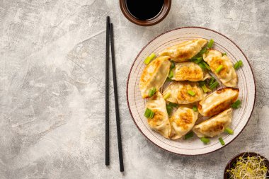 Gyoza, japanese pan-fried dumplings, on light background. 