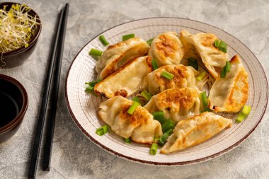 Gyoza, japanese pan-fried dumplings, on light background. 