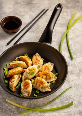 Gyoza, japanese pan-fried dumplings, on light background. 