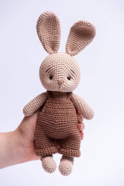 Beyaz arka planda el yapımı Amigurumi tavşan oyuncağı..