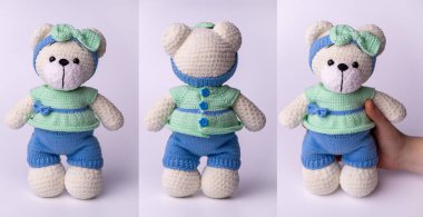 El yapımı tığ işi ayı oyuncağı, amigurumi. El yapımı doldurulmuş oyuncaklar. 